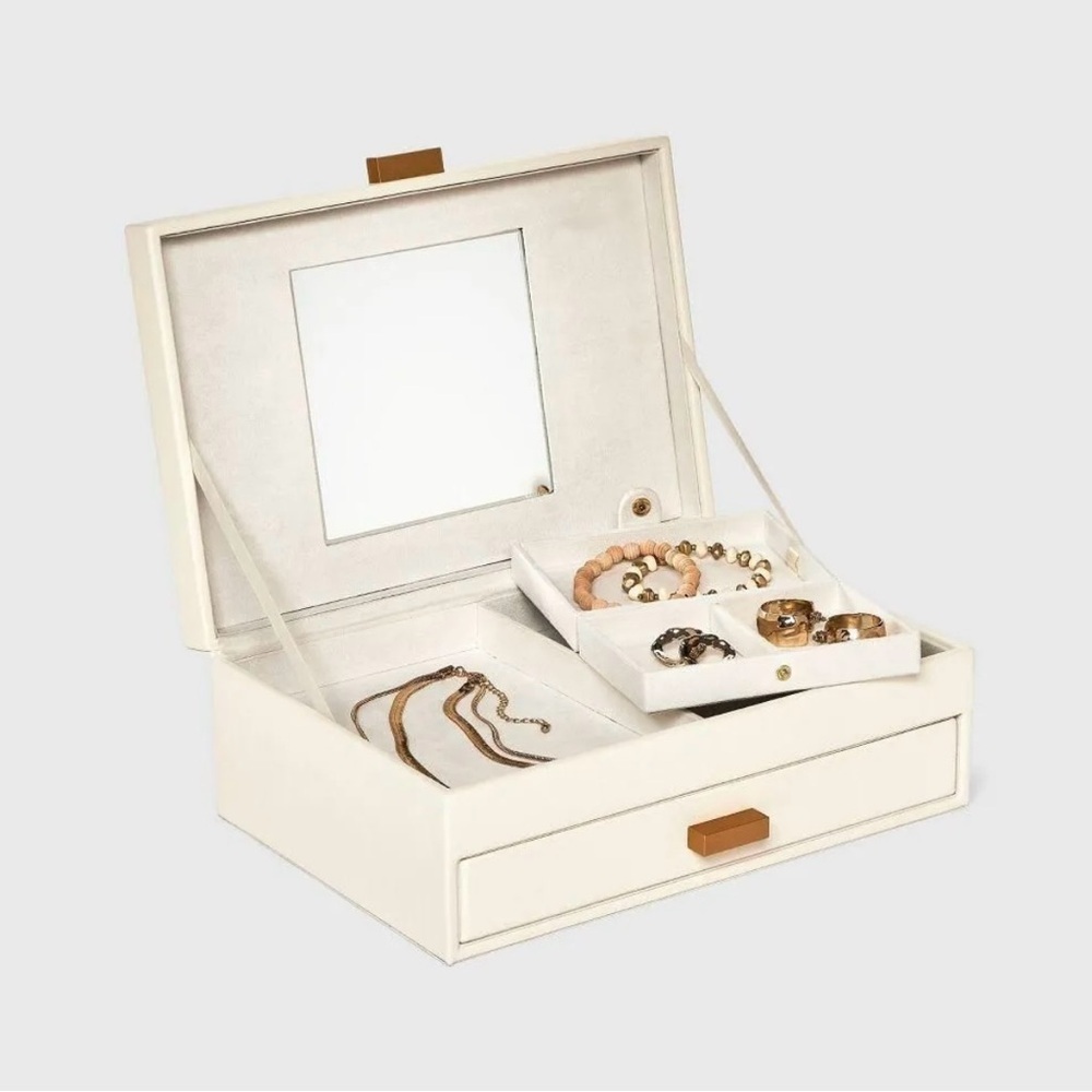 a new day Two Drawer Organizer Jewelry Box Divided Tray Mirror Cream & Brown - Picture 2 of 5